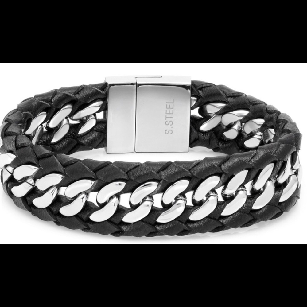 Men's Leather And Stainless Steel Link Bracelet